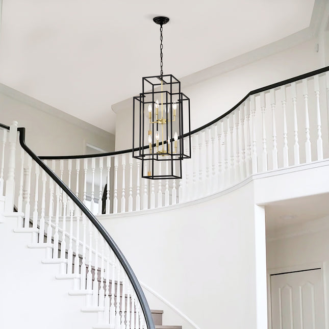 8-Light Metal Lantern Tiered Pendant Hanging Light Fixtures, Industrial Farmhouse Adjustable Height Chandeliers For Dining Room Hallway Foyer Entryway--Matte Black & Gold E12 Bulbs Not Included