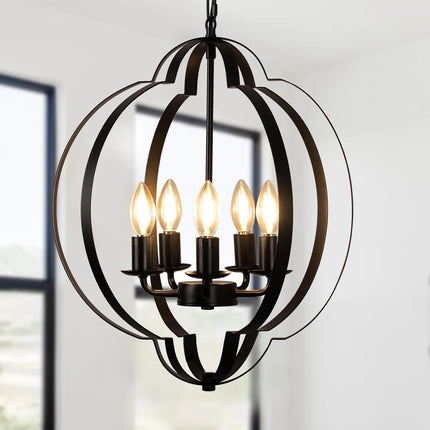 5 Light Rustic Chandelier Ceiling Light Farmhouse Pendant Light Metal Frame Pendant Light for Living Room,Kitchen, Bedroom,Entry, Black