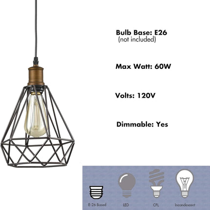 Industrial Farmhouse Plug in Pendant Light with On/Off Switch Wire Caged Hanging Pendant Lighting 16Ft Cord