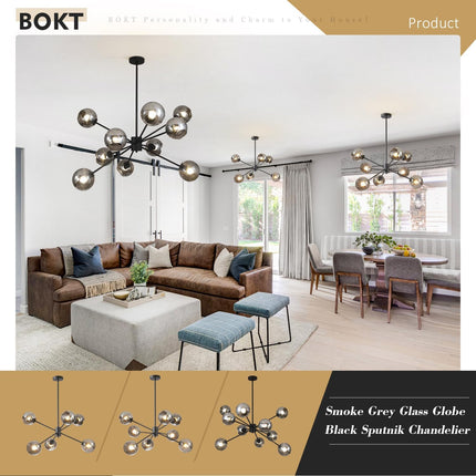 6 Lights Modern Glass Globe Sputnik Chandelier Mid Century Matte Black Sputnik Pendant Light Fixture Adjustable Vintage Large Smoke Gray Ball Chandelier Pendant Light for Kitchen Living Room