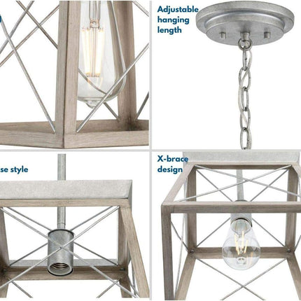 Briarwood Collection 1-Light Bleached Oak Farmhouse Mini-Pendant Light, Galvanized, 9.00X10.00X10.00