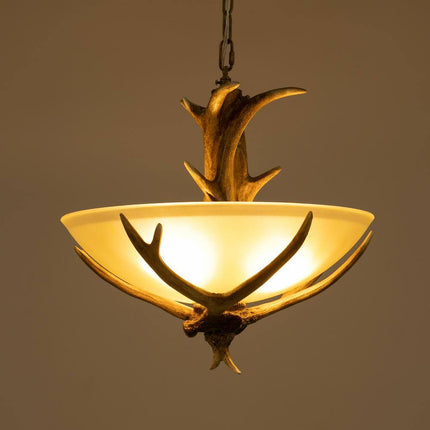 3-Light Brown Retro Resin Antler Pendant Light with Frosted Glass Bowl Shade