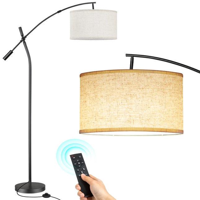Modern Arc Floor Lamp with Remote, Adjustable Boom Arm Dimmable LED Standing Lamp, with Hanging Drum Shade Tall Reading Light for Living Room (Black+Beige Shade)