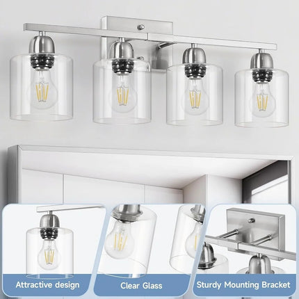 Brushed Nickel Bathroom Vanity Light 4 Bulb Over Mirror Fixture Glass E26 Socket Modern Style Elegant Home Decor