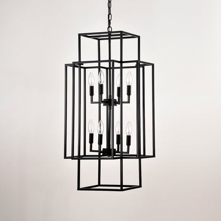 8-Light Metal Lantern Tiered Pendant Hanging Light Fixtures, Industrial Farmhouse Adjustable Height Chandeliers For Dining Room Hallway Foyer Entryway--Matte Black E12 Bulbs Not Included