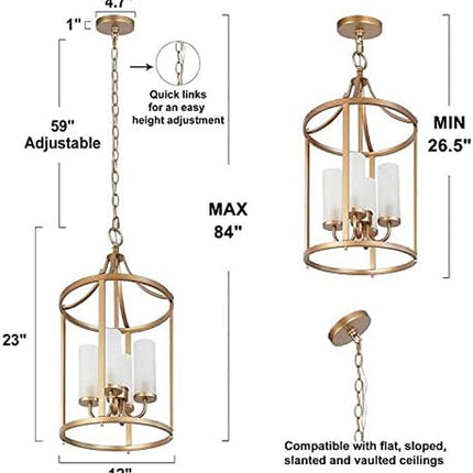 Modern Gold Chandelier, 4-Light Lantern Chandelier Light Fixture with Frosted Glass Shades, Cylindrical Gold Pendant Lighting for Kitchen Island, Dining Room & Entryway (12’’ W X 23’’ H)