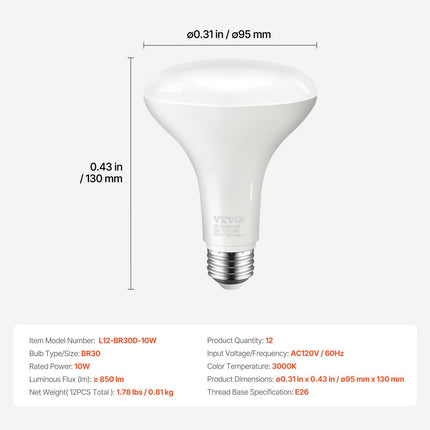 BR30 Indoor Flood Light Bulb 12 Pack 850 Lumens LED Bulbs 3000K Dimmable