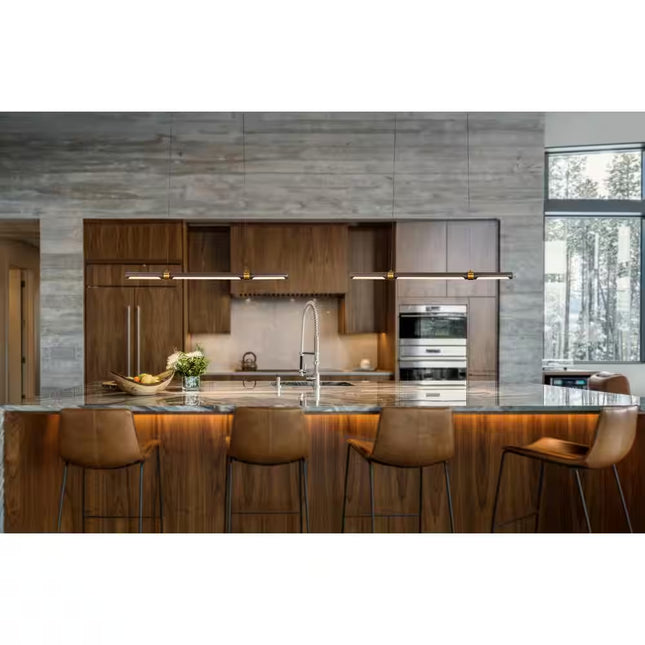 1-Light 12W Integrated LED Modern Desk Pendant Light Simplicity Linear Chandelier in Walnut