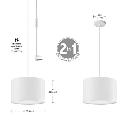 Sutton 1-Light White Fabric Shade Plug-In or Hardwire Pendant Lighting with 15 Ft. Cord