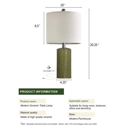 Modern Table Lamp Set of 2 for Living Room 20.25" Farmhouse Green Ceramic Bedside Nightstand Lamps for Bedroom