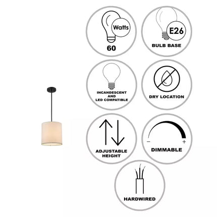 10 In. 1-Light Black Drum Pendant Light Fixture with Linen Shade