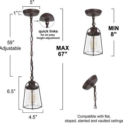 Farmhouse Pendant Lighting, Mini Rustic Hanging Light Fixture with Seeded Glass Shade for Kitchen Island, Foyer, Hallway, Bedroom and Entryway, Bronze