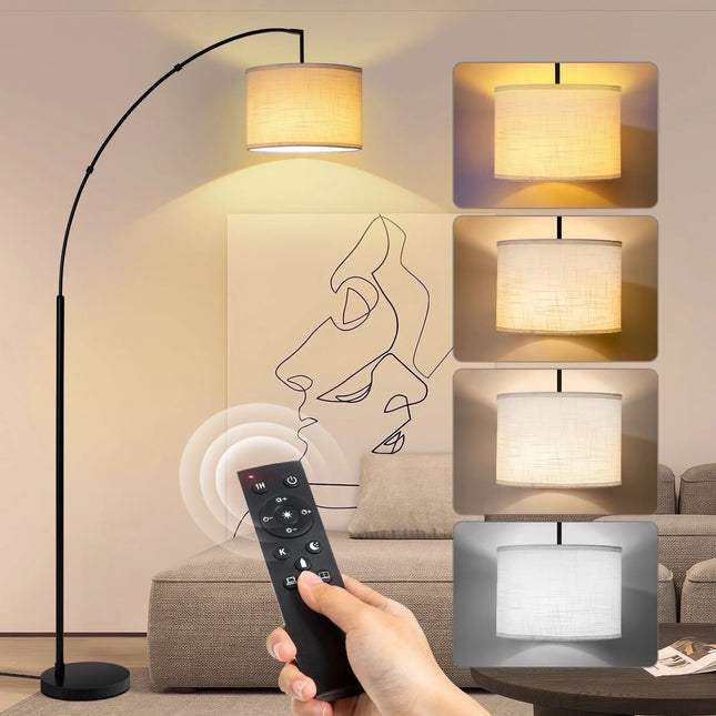 81" Arc Floor Lamp with Remote, 4 Color Temperatures LED Dimmable Modern Standing Lamps, Adjustable Linen Shade Tall Lamp for Living Room, Bedroom (Black+White Shade)
