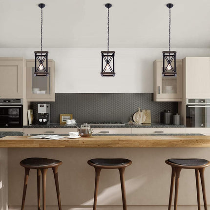 Farmhouse Pendant Light for Kitchen Island 1-Light Wood Pendant Hanging Lamp Black Metal Cage Pendant Lantern Lighting for Dining Room Kitchen Hallway