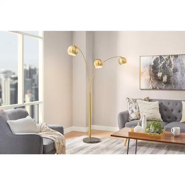 Caldwell 74.5 In. 3-Light Gold Arc Floor Lamp with Metal Shades and Black Marble Base