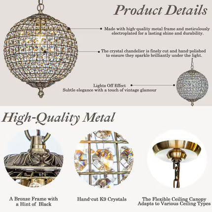 12 In. 1-Light Retro Antique Gold Crystal Globe Chandelier Small Sphere Pendant Light