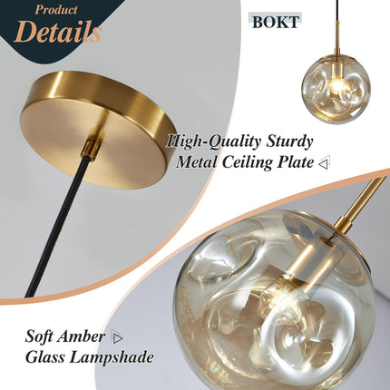 Modern Large 1-Light Globe Pendant Light Mid Century Gold Hanging Pendant Light Fixture Kitchen Island Amber Glass Ball Pendant Lamp Single Single Pendant Lighting (9.8”-Amber)