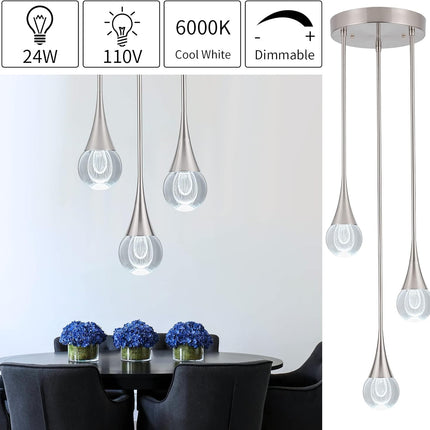3-Light LED Pendant Light, Dimmable Crystal Pendant Lighting Ceiling Hanging Light Teardrop Pendant Light Fxiture for Kitchen Dining Room Bedroom 6000K Cool White Brushed Nickel