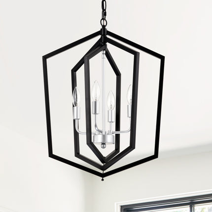4-Light Farmhouse Kitchen Chandeliers, Matte Black And Sliver Vintage Rustic Cage Light Fixture Adjustable Height Chandeliers For Dining Room Hallway Foyer Entryway E12 Bulbs Not Included