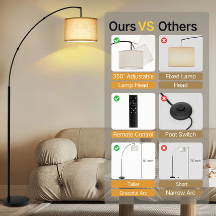 81" Arc Floor Lamp with Remote for Living Room, LED Dimmable Modern Standing Lamps with 4 Color Temperatures, Adjustable Linen Shade, Tall Light for Bedroom (Black+Beige Shade)