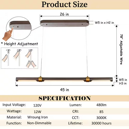 1-Light 12W Integrated LED Modern Desk Pendant Light Simplicity Linear Chandelier in Walnut