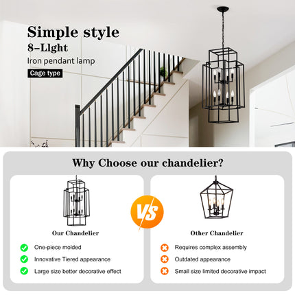 8-Light Metal Lantern Tiered Pendant Hanging Light Fixtures, Industrial Farmhouse Adjustable Height Chandeliers For Dining Room Hallway Foyer Entryway--Matte Black E12 Bulbs Not Included