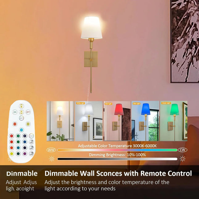 Battery Operated Sconce with Remote Dimmable 12 colors Light Bulb Wall Light for Living Room Bedroom Bathroom Hallway