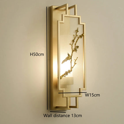 Chinese Zen Style Rectangular Wall Lamp Iron Living Room Tv Background Wall Lamp Bedroom Corridor Decoration Flower Bird Lamp