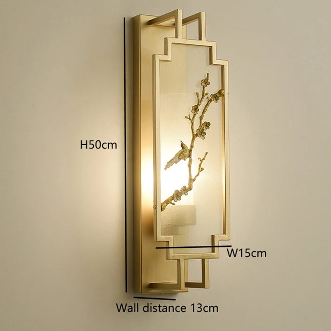 Chinese Zen Style Rectangular Wall Lamp Iron Living Room Tv Background Wall Lamp Bedroom Corridor Decoration Flower Bird Lamp