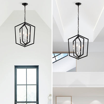 4-Light Farmhouse Kitchen Chandeliers, Matte Black And Sliver Vintage Rustic Cage Light Fixture Adjustable Height Chandeliers For Dining Room Hallway Foyer Entryway E12 Bulbs Not Included