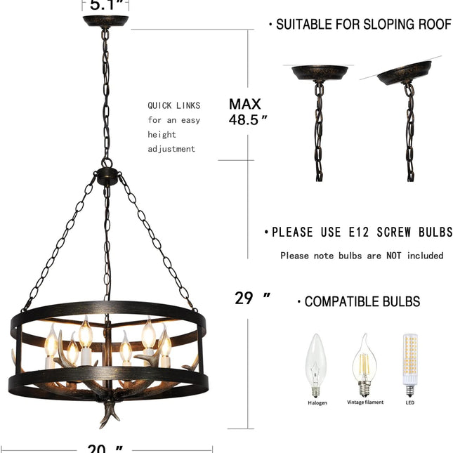 Farmhouse Pendant Light Fixture Antler Chandelier Black Gold Sweep Metal Resin Retro Pendant Light6-Light D20 H29 Rustic Chandeliers Farmhouse & Kitchen Island Dining & Living Room
