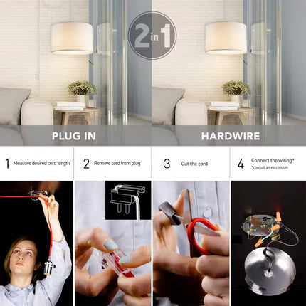 Sutton 1-Light White Fabric Shade Plug-In or Hardwire Pendant Lighting with 15 Ft. Cord