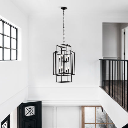 8-Light Metal Lantern Tiered Pendant Hanging Light Fixtures, Industrial Farmhouse Adjustable Height Chandeliers For Dining Room Hallway Foyer Entryway--Matte Black E12 Bulbs Not Included