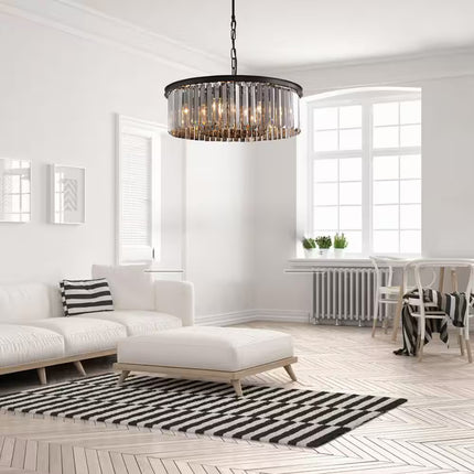 22 In. 6-Light Black Farmhouse Pendant Light Fixtures Crystal Drum Chandelier Dining Room Pendant Lighting