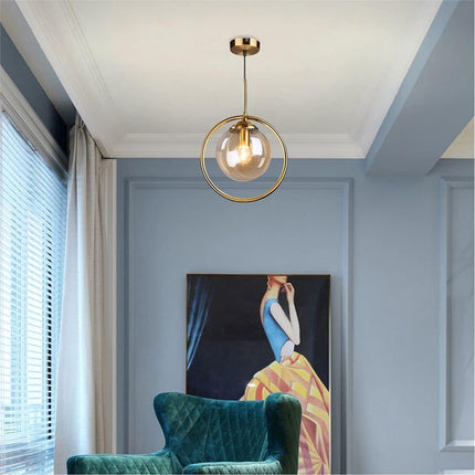 Modern 1-Light Globe Pendant Light Mid Century Amber Glass Ball Pendant Lighting Brushed Gold Single round Circle Hanging Lamp Kitchen Island Dining Room Pendant Light Fixture
