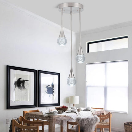 3-Light LED Pendant Light, Dimmable Crystal Pendant Lighting Ceiling Hanging Light Teardrop Pendant Light Fxiture for Kitchen Dining Room Bedroom 6000K Cool White Brushed Nickel