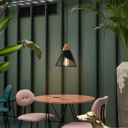 Modern Black Pendant Light over Kitchen Island, Adjustable Wood Hanging Light Fi