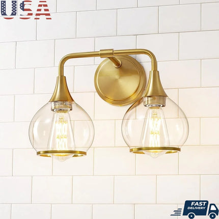 Gold Bathroom Light Fixture 2-Lights Vanity Lighting Clear Glass Shade Wall Sconce Mid-Century Modern Design Dimmable