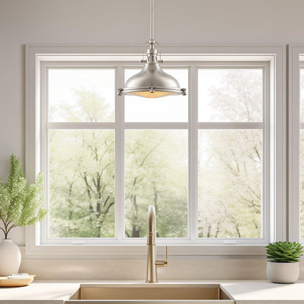 Beacon 11" Industrial Farmhouse Pendant Light with round Fresnel Glass Lens, Adjustable Hanging Height, Brushed Nickel Finish
