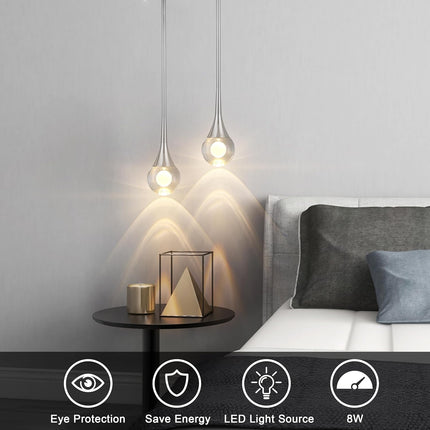 1-Light Pendant Lights Kitchen Island, 8W 3 Color Temperature Dimmable LED Pendant Light Fixtures, Silver Hanging Crystal Teardrop Pendant Lights for Bathroom, Bedroom