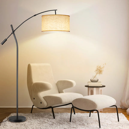 Modern Arc Floor Lamp with Remote, Adjustable Boom Arm Dimmable LED Standing Lamp, with Hanging Drum Shade Tall Reading Light for Living Room (Black+Beige Shade)