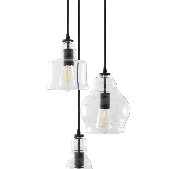 61" Architectural 3-Light Pendant Light, Black Finish Clear Glass Shades