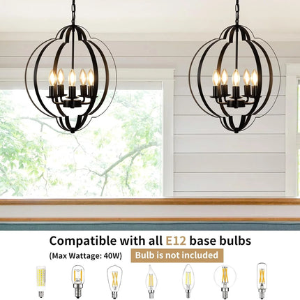 5 Light Rustic Chandelier Ceiling Light Farmhouse Pendant Light Metal Frame Pendant Light for Living Room,Kitchen, Bedroom,Entry, Black