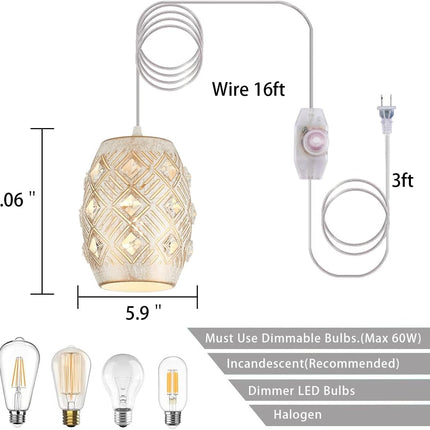 Hanging Lights with Plug in Cord, Boho Plug in Pendant Light 16 FT Cord, White Crysta Hanging Pendant Light Dimmable for Bedroom,Living Room,Dining Room,Corner