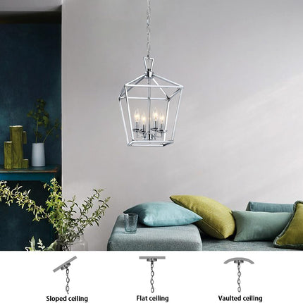 4-Light Chrome Pendant Light Modern Lantern Chandelier Light Fixture Adjustable Height Hanging Ceiling Light for Dinning Table Foyer Kitchen Island