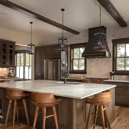 Farmhouse Pendant Light for Kitchen Island 1-Light Wood Pendant Hanging Lamp Black Metal Cage Pendant Lantern Lighting for Dining Room Kitchen Hallway