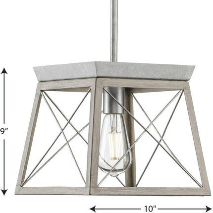 Briarwood Collection 1-Light Bleached Oak Farmhouse Mini-Pendant Light, Galvanized, 9.00X10.00X10.00