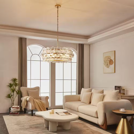 6-Light Distressed Gold Glam Chandelier, DIY Island Pendant Light with Hand-Made Glass Discs