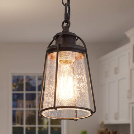 Farmhouse Pendant Lighting, Mini Rustic Hanging Light Fixture with Seeded Glass Shade for Kitchen Island, Foyer, Hallway, Bedroom and Entryway, Bronze