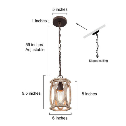 Farmhouse Wood Pendant 6 In. W 1-Light Brown Drum Cage Rustic Island Pendant Light for Kitchen, Living Room, Foyer